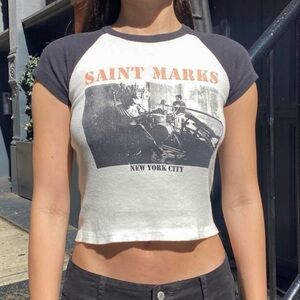Brandy Melville Black & Cream 'Saint Marks' Ringer Crop Tee with Pink Print